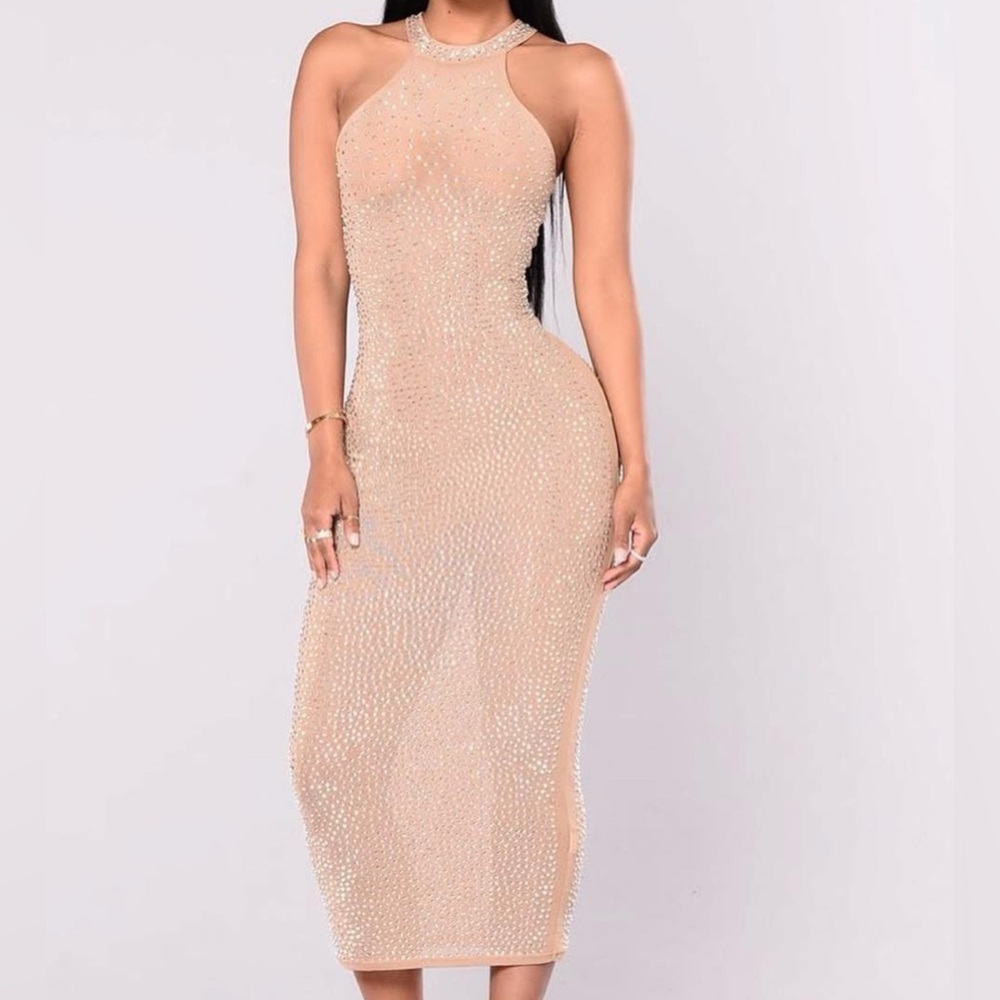 Sheer Bodycon Halter Midi Dress-Nude-M